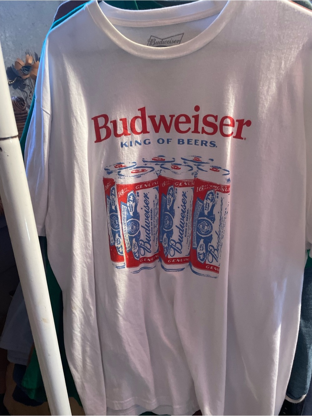 Budweiser White Tee with Red and Blue Can Graphic
